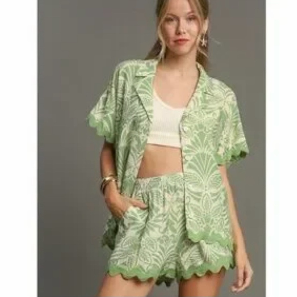 🌞 “The Clover" Sage Ric Rac Trim Shorts and matching blouse